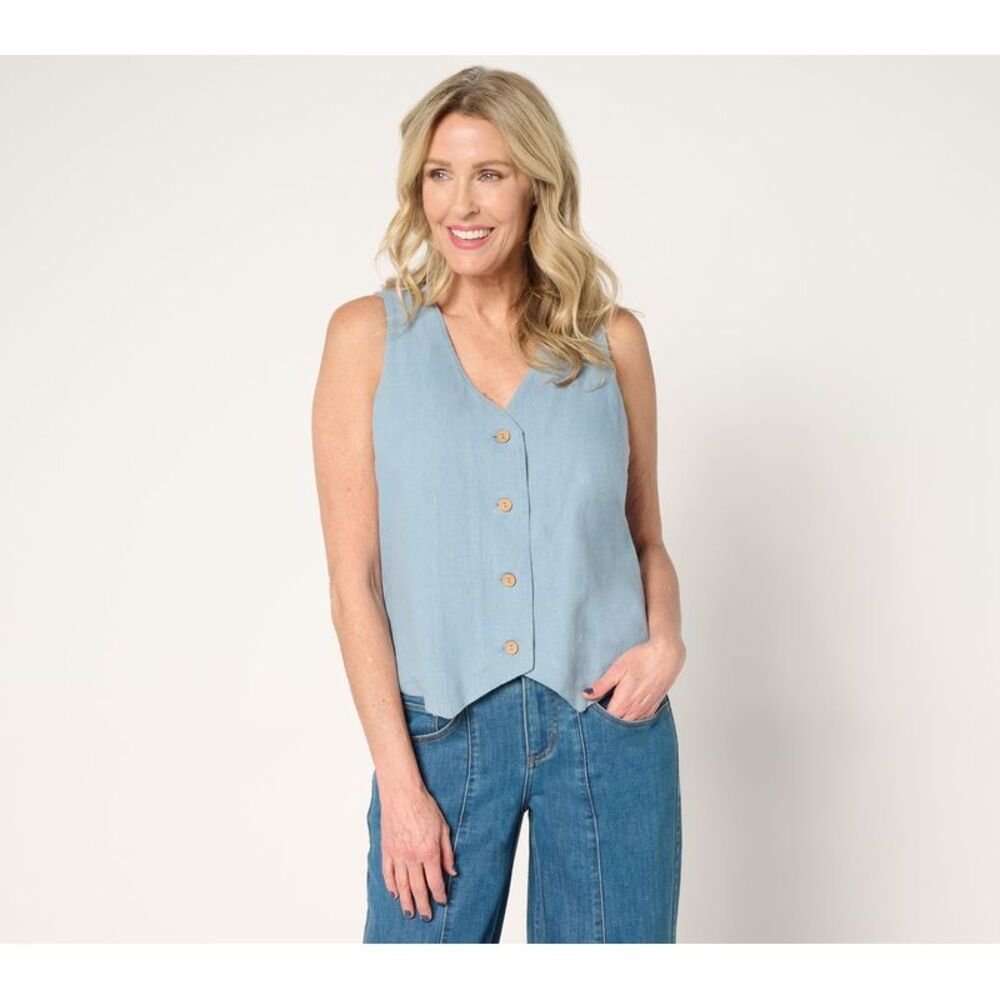 Me by Jennie Garth Women's Top Plus Sz Sweater 1X Luna Linen Vest Blue A684294